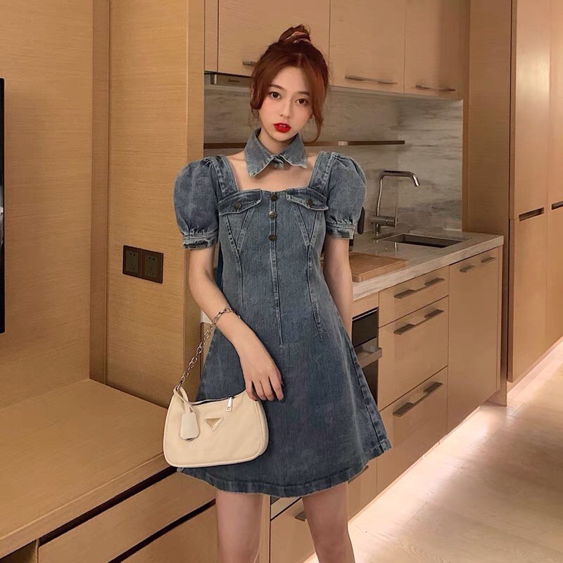 Đầm Jean, Áo Jean Tay Lỡ Kèm Cổ Áo Và Dây Nơ Thắt Rời- FREESHIP | BigBuy360 - bigbuy360.vn