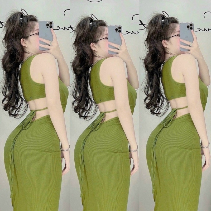 [FREESHIP] [ẢNH THẬT] Đầm ôm body nữ sát nách cổ U hở lưng cột dây form dài qua gối 3 màu hot hitAT