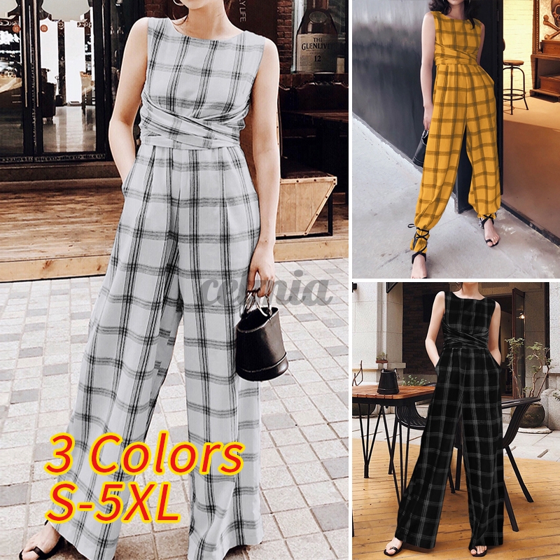 CELMIA Women Summer Casual Check Round Neck Sleeveless Baggy Long Jumpsuit