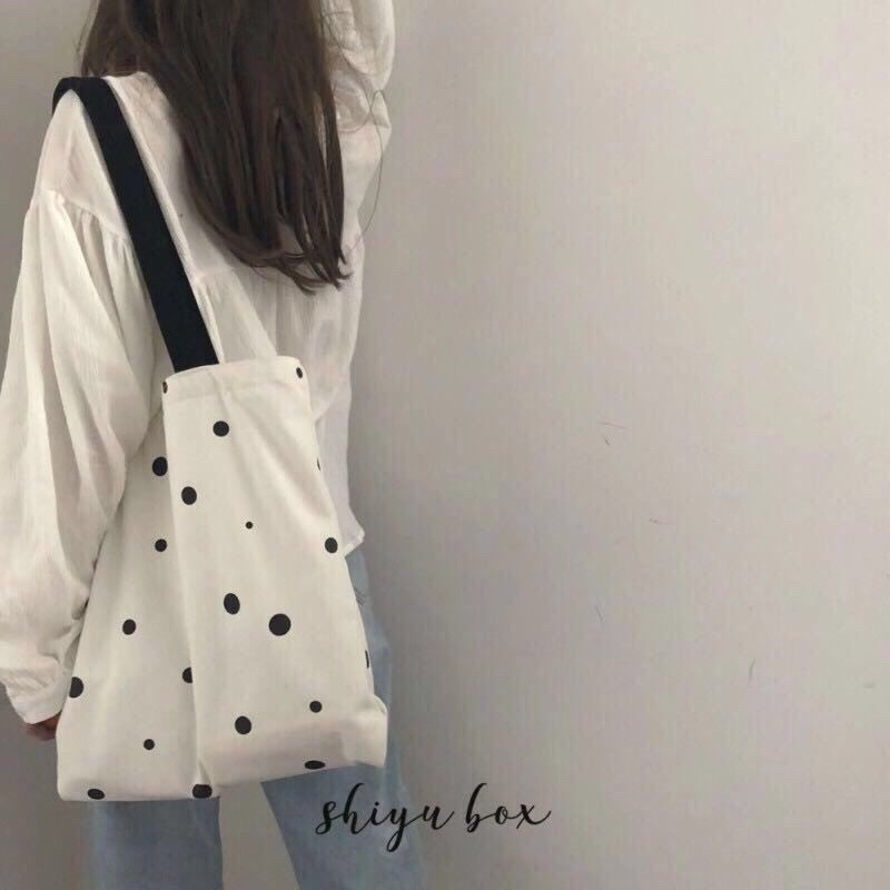 Túi Xách Tay Bằng Vải canvas Hoa Văn Chấm Bi Dễ Thương Dễ Phối Đồ Dành Cho Nữ