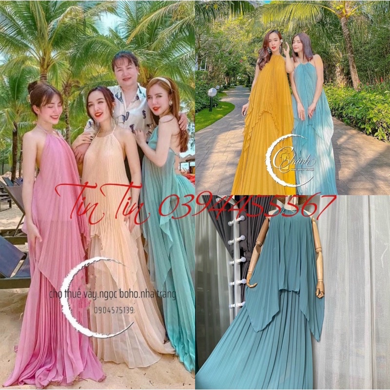 Set đầm maxi dập ly cổ yếm siêu hot hit sống ảo cực xinh và sang chảnh kèm ảnh thật