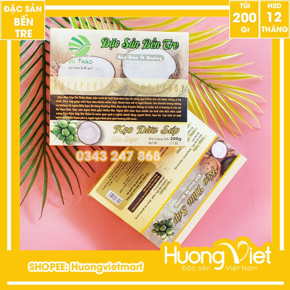 Kẹo dừa Sáp ít đường Du Thảo 200g, kẹo dừa thượng hạng Bến Tre, kẹo dừa Bến Tre mềm dẻo