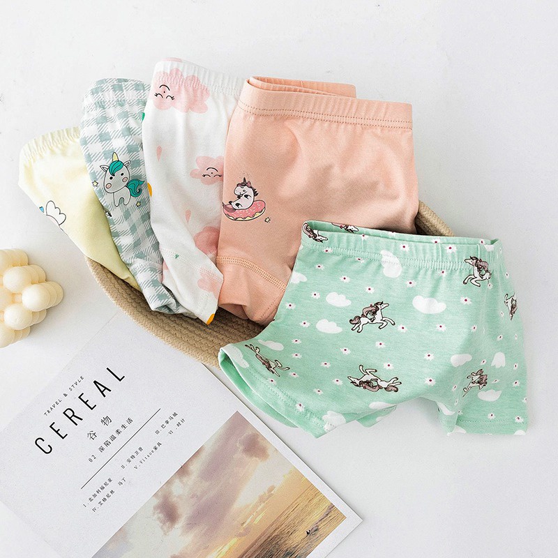 Set 5 quần lót boxer bé gái mềm mại thoáng khí họa tiết hoạt hình phong cách Hàn Quốc