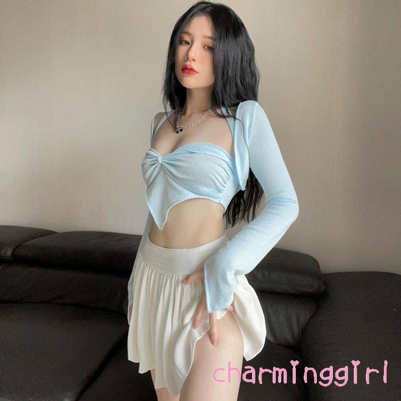 Áo Croptop Sát Nách Màu Sắc Trơn Trang Trí Ngọc Trai Giả Cổ Khoét Sâu Quyến Rũ Cho Nữ