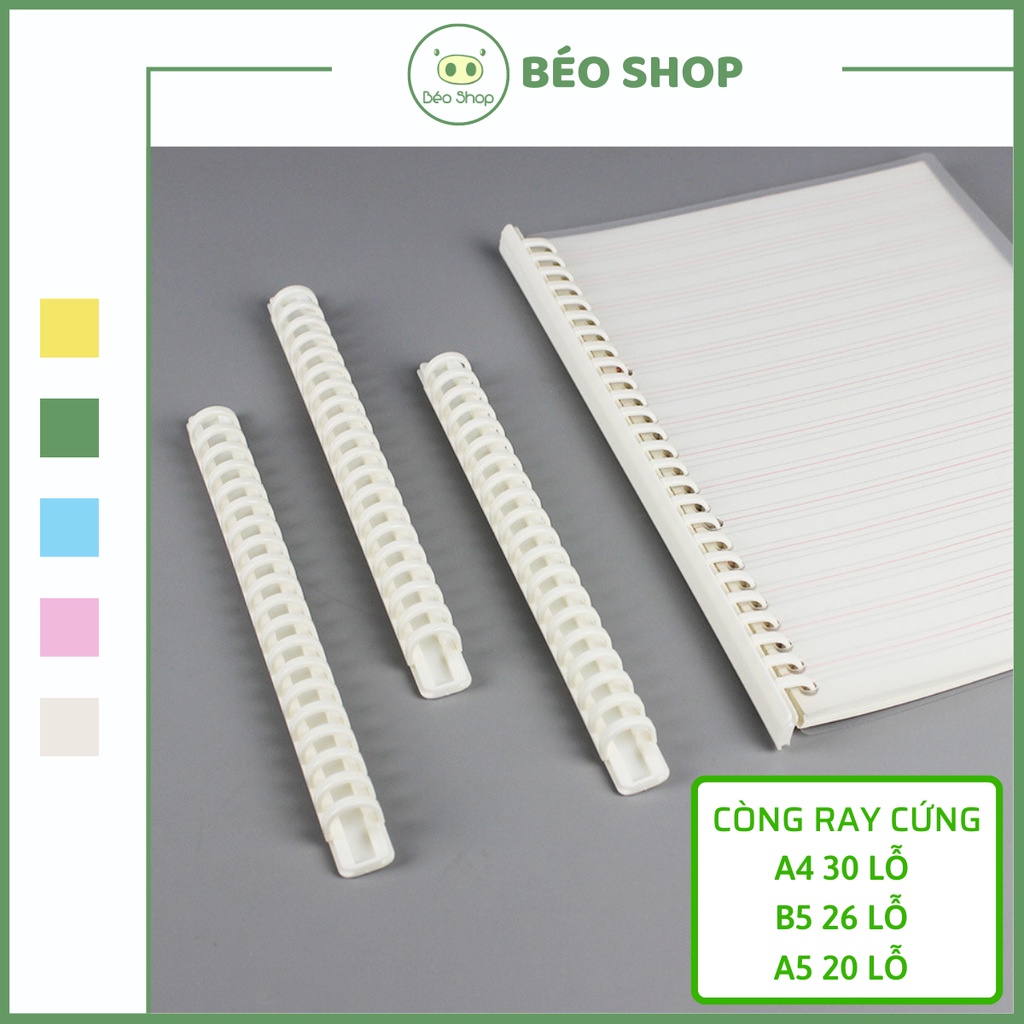Binder thanh còng nhựa cứng ray trượt màu trắng Béo shop size A4 A5 B5 30 20 26 lỗ làm sổ còng planner