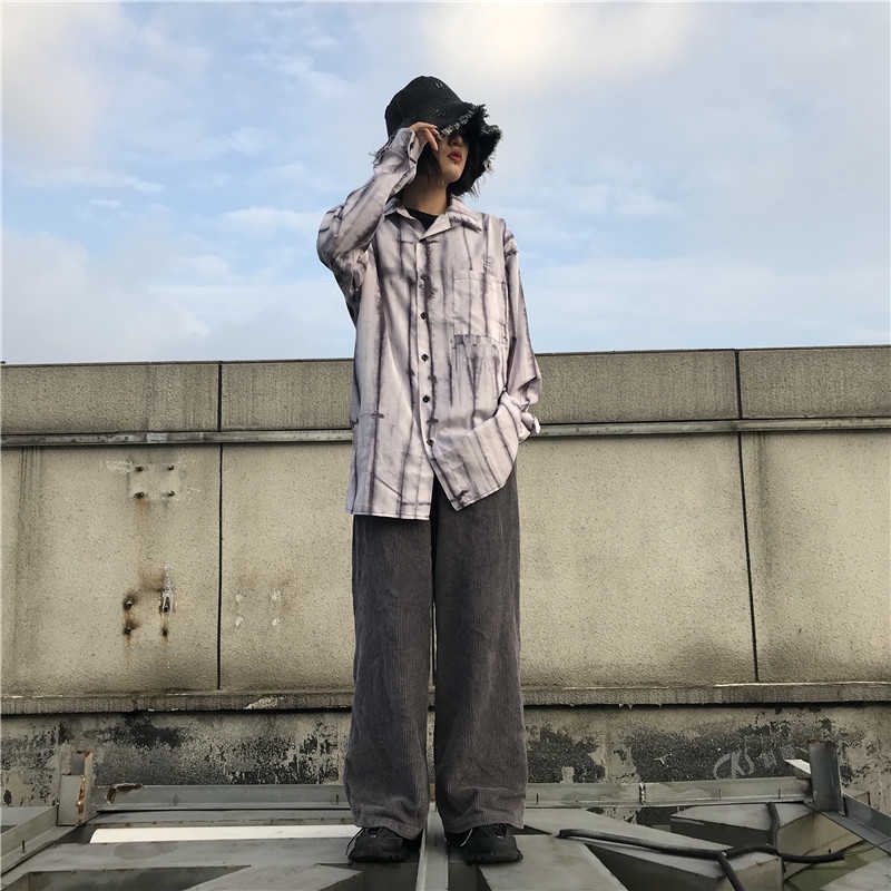 [Miễn Phí Vận Chuyển] Áo Sơ Mi Dài Tay 229609Áo Sơ Mi Dáng Rộng In Màu Nhuộm Kiểu Harajuku Cá Tính