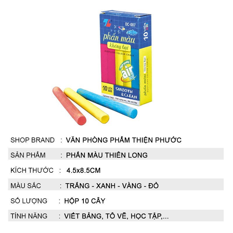 Phấn viết bảng không bụi Thiên Long phấn trắng - phấn màu  THIỆN PHƯỚC