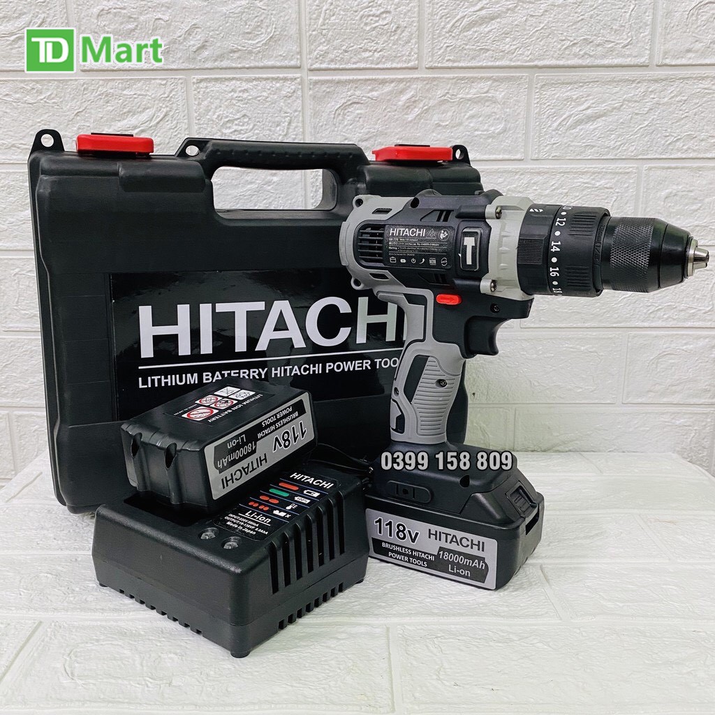 Máy khoan pin 118V Hitachi 3 chức năng có búa - Động cơ 775 siêu mạnh mẽ, Tặng mũi khoan và mũi vít