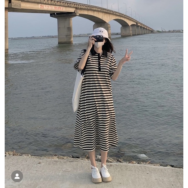 Đầm dáng suông cổ bẻ basic, Váy Suông Dáng Dài Cổ Polo Mặc Thu Đông