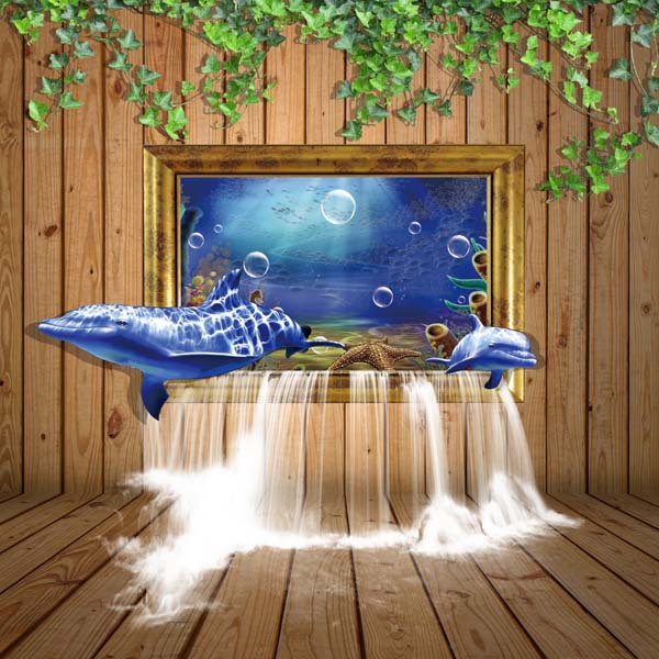 Tranh Dán Tường 3D Chủ Đề cá heo Đại Dương, Dolphin, anh hùng biển cả bơi lội trong nước