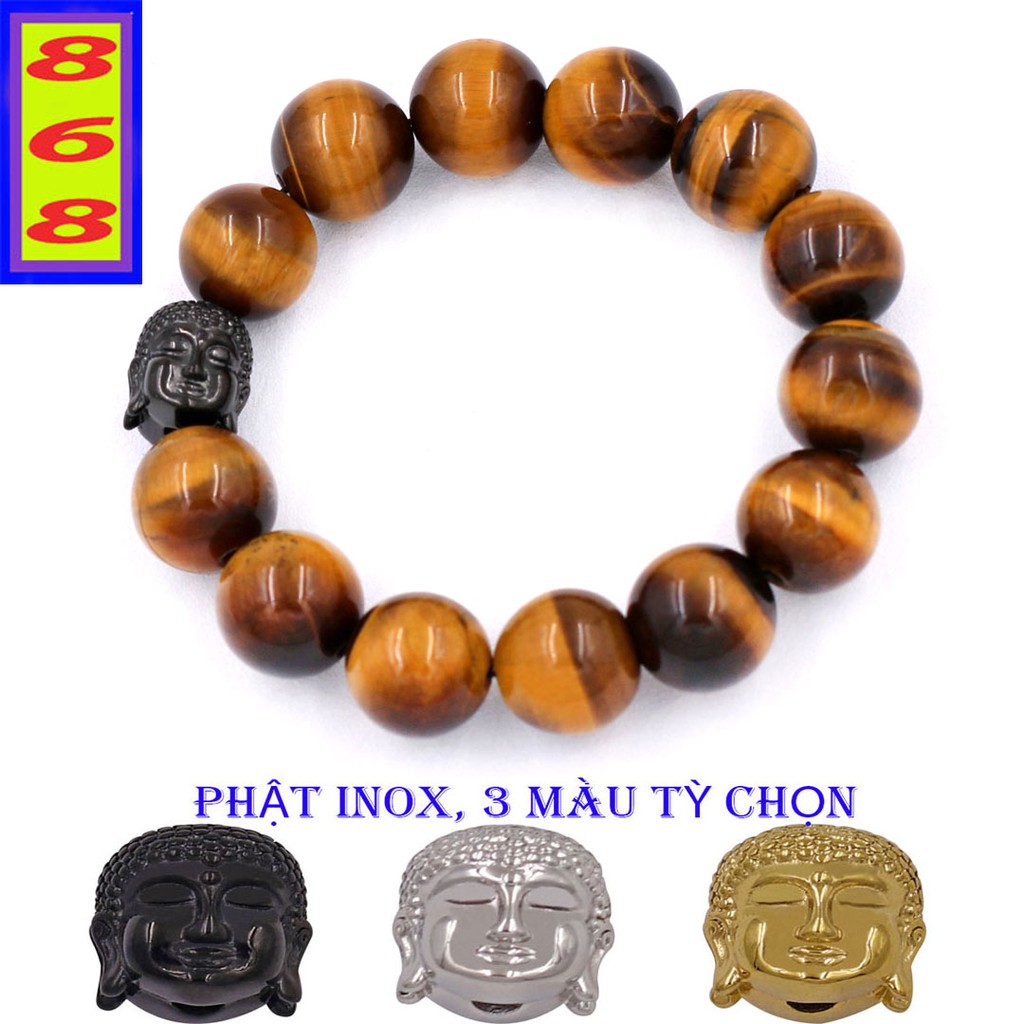 Vòng đeo tay Đá Tự Nhiên Vàng Đen 14 ly mix Phật A Di Đà inox VMHVENLT14 - hợp mệnh Thổ, mệnh Kim