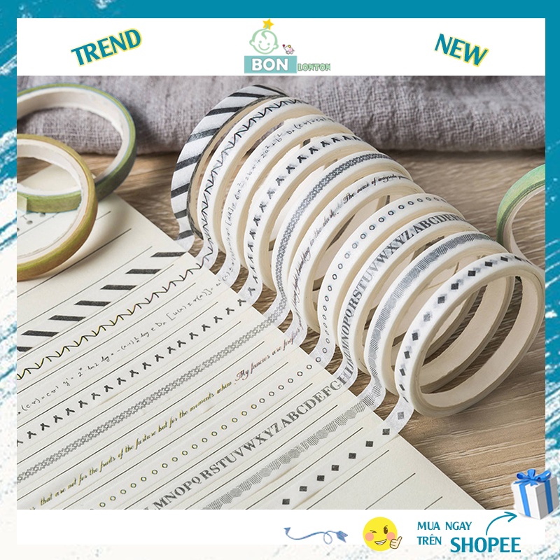 Bộ 10 cuộn washi tape trang trí dán bullet journal, set băng dính washi dễ thương