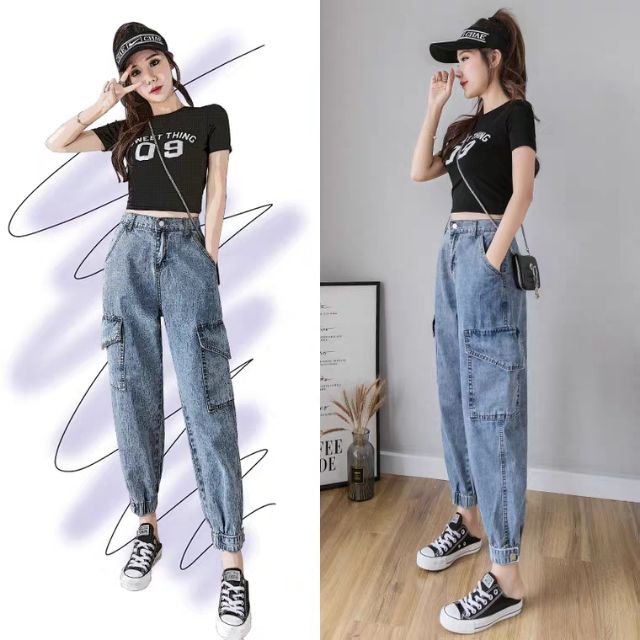 Quần baggy jeans túi hộp ống bo túm jogger cạp cao form ulzzang kèm ảnh thật