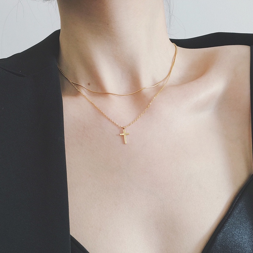 Dây chuyền titan 2 tầng dây mì và thánh giá nhỏ xinh không gỉ