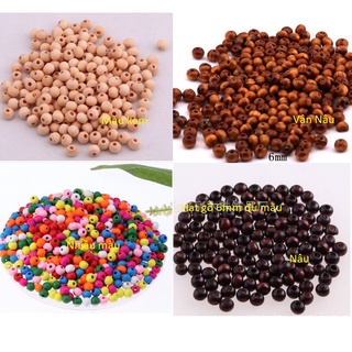 70- 370 hạt gỗ tròn 6mm có vân nâu, màu kem, nhiều màu