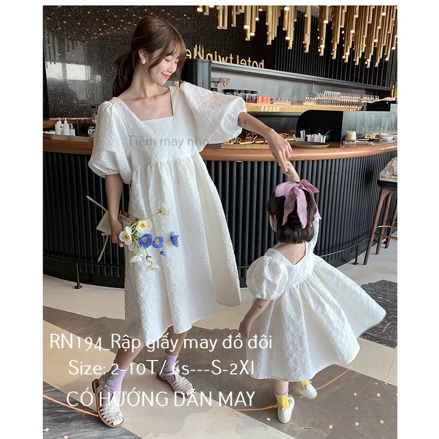 RN194_rập giấy may đầm đôi cổ vuông mẹ và bé