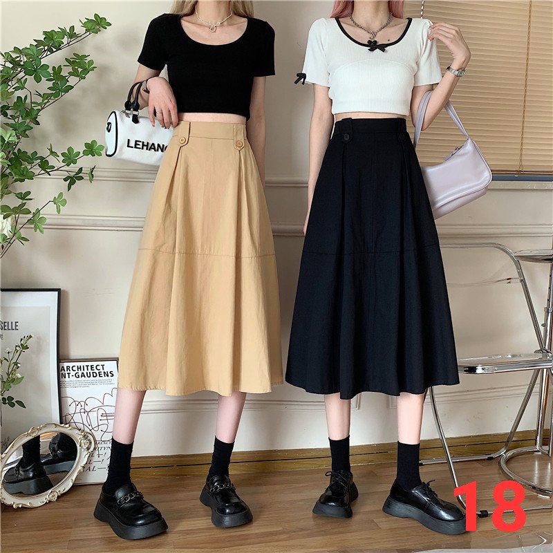 Chân váy Ulzzang dáng dài, chân váy midi form xoè xếp ly eo bản to đính nút kiểu mẫu mới nhất