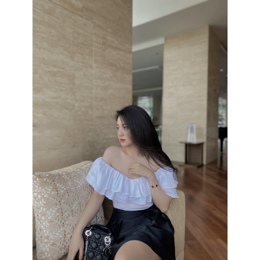 Áo kiểu trễ vai bèo nhún hàng thiết kế Ganni Top by KHALES