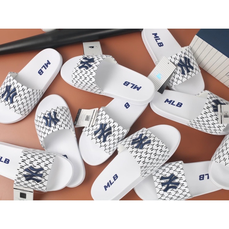 Dép MLB NY Logo Thêu màu Xanh Navy Nam Nữ [ Fullbox + Check hàng khi nhận ]