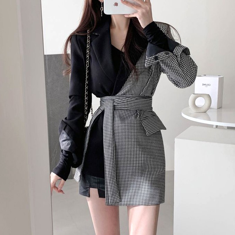 Sẵn S(Hàng Đẹp)Đầm blazer màu phối kẻ sọc thắt đai sang trọng Hàn Quốc-HC657.Ảnh thật 3 hình cuối