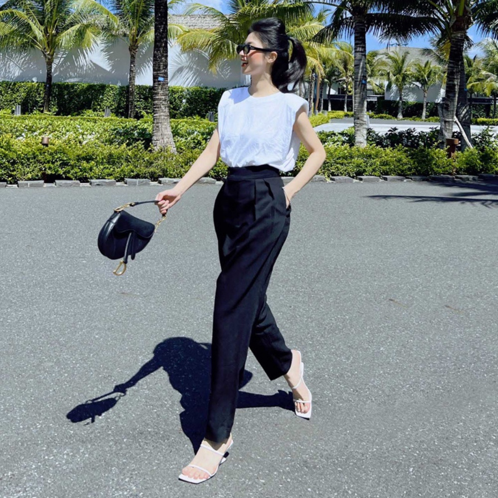 Quần baggy nữ công sở vạt chéo cạp cao hàng thiết kế thanh lịch tôn dáng BOHEE Q60