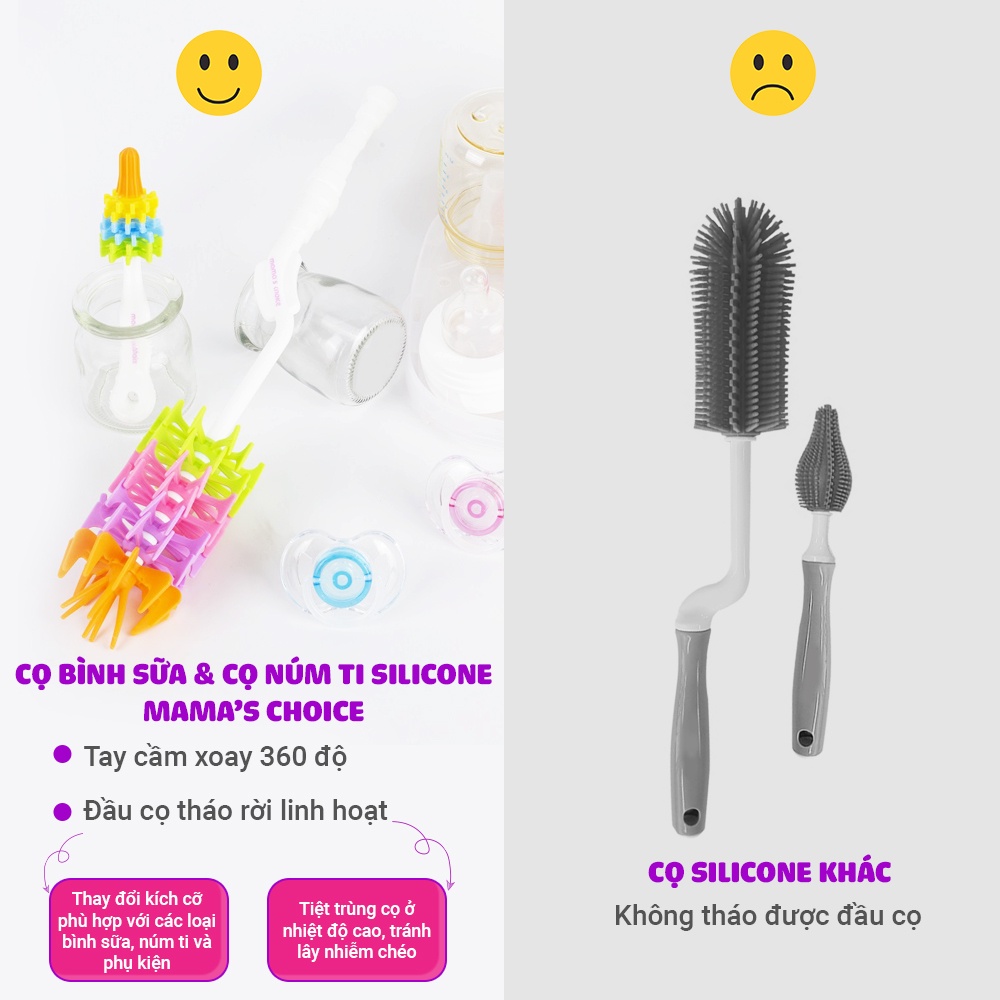 Combo chổi cọ bình sữa và núm ti silicon Mama's Choice (siêu bền,siêu sạch)