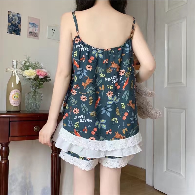 bộ ngủ mùa hè áo hai dây + quần short hoa nhí mát mẻ