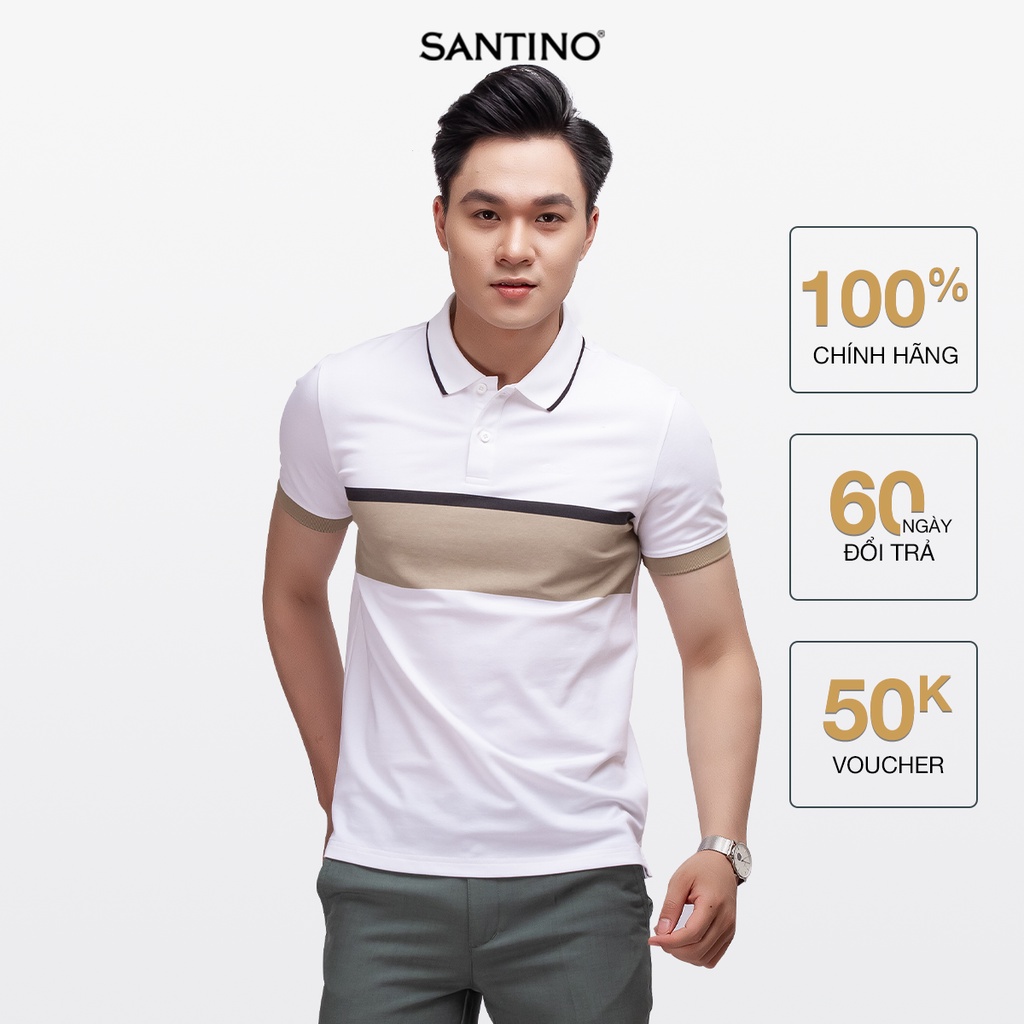 Áo Polo nam SANTINO, in phối ngực, vải Cotton Cá Sấu, chuẩn form, kháng khuẩn chống nhăn - E014