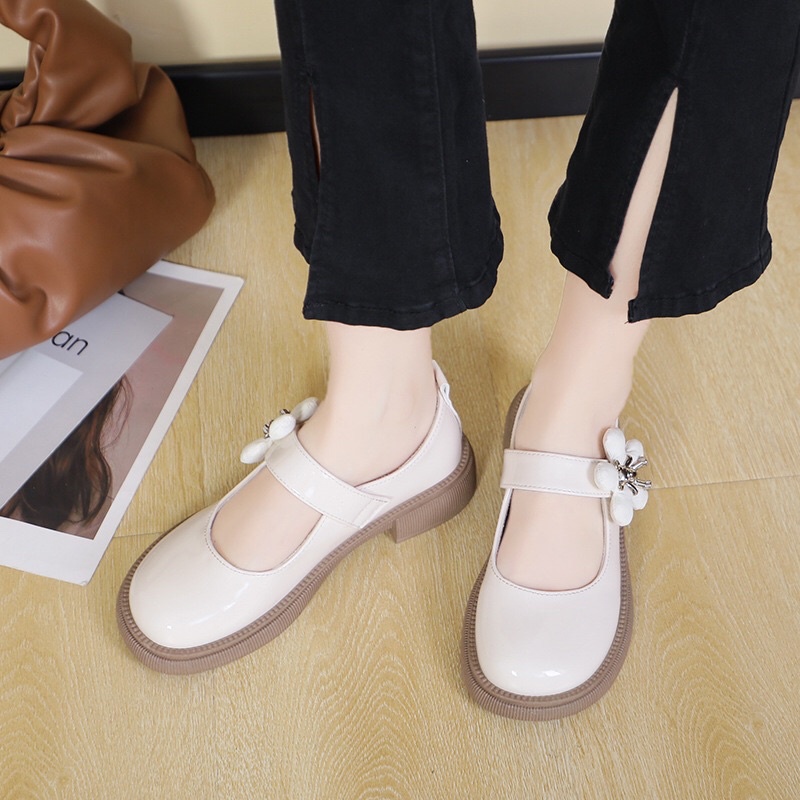 Giày Lolita nữ, giày mũi tròn đính hoa phong cách Hàn Quốc