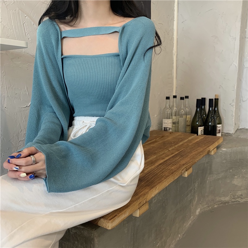 Set Áo Khoác Cardigan Dài Tay Form Rộng Và Áo Hai Dây Thiết Kế Mới Thời Trang Mùa Thu Dành Cho Nữ