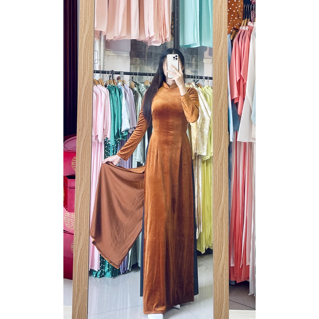 Áo dài cưới đơn giản nhung đỏ trơn cổ tròn cổ kiềng - Áo dài Nhung nâu bò nâu tây cực độc đáo