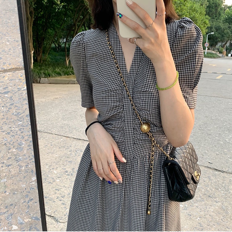 Đầm Tay Phồng Cổ Chữ V Thiết Kế Xếp Ly Phong Cách Retro Pháp Thời Trang Mùa Hè Cho Nữ