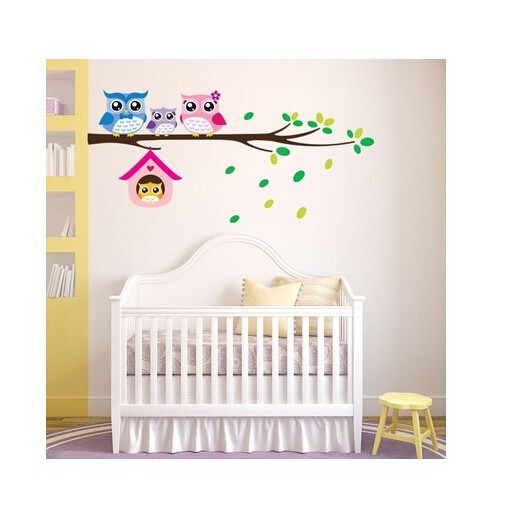 Đề can dán tường trang trí họa tiết gia đình cú hoạt hình ngộ nghĩnh