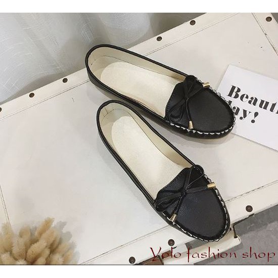 Giày lười slip on nữ da mềm, êm chân, siêu bền, đính nơ xinh xắn - Kèm hình thật