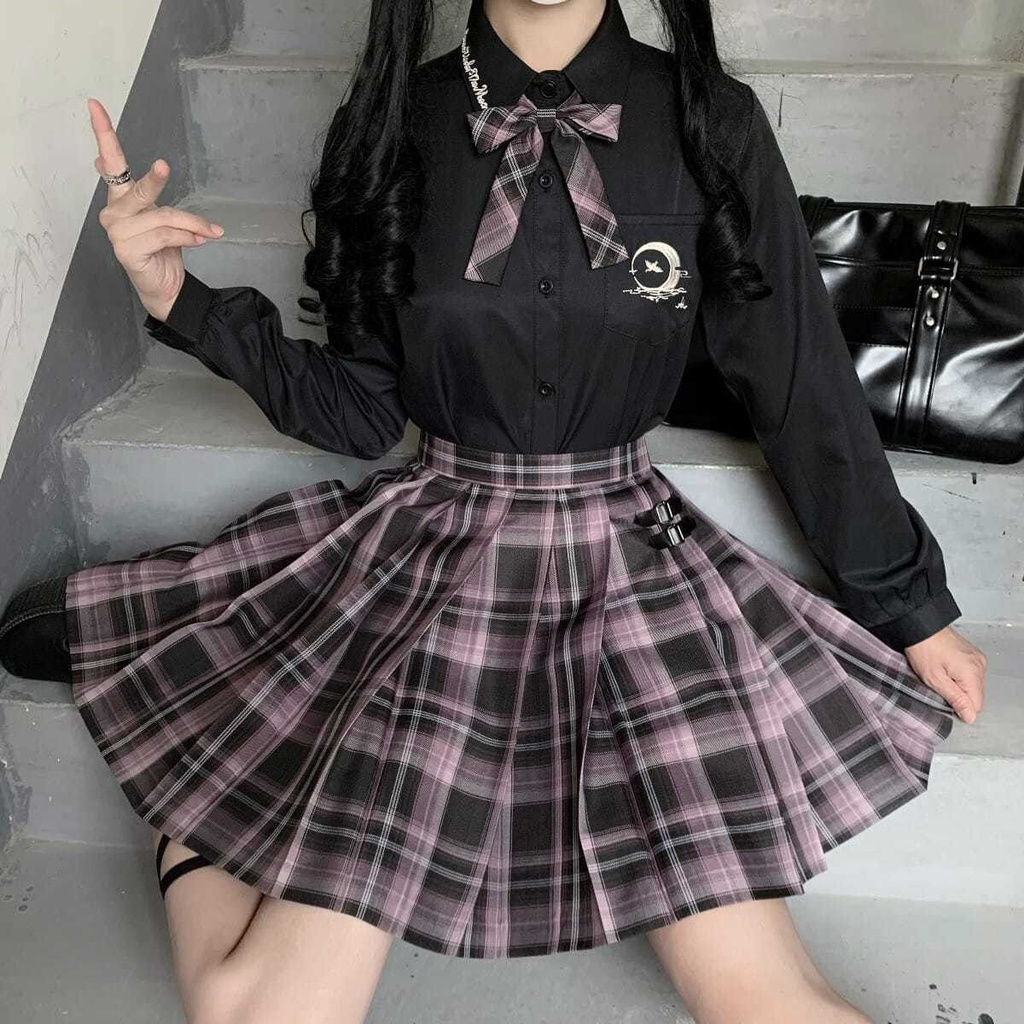 💕💕 Bước đôi mươi áo dài JK áo thun nữ sinh mùa xuân Nữ sinh viên Harajuku mặt trăng thêu dệt đen và trắng đại học