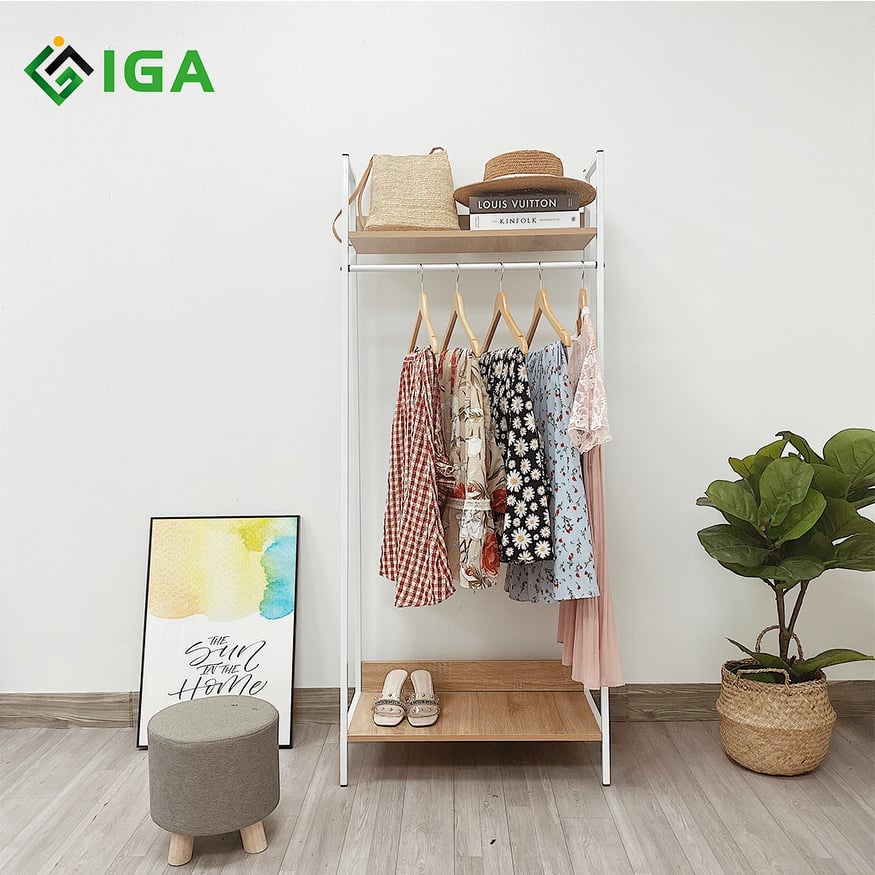 Giá treo quần áo đa năng có kệ gỗ để đồ 2 tầng nội thất phòng ngủ kiểu hàn - GM13