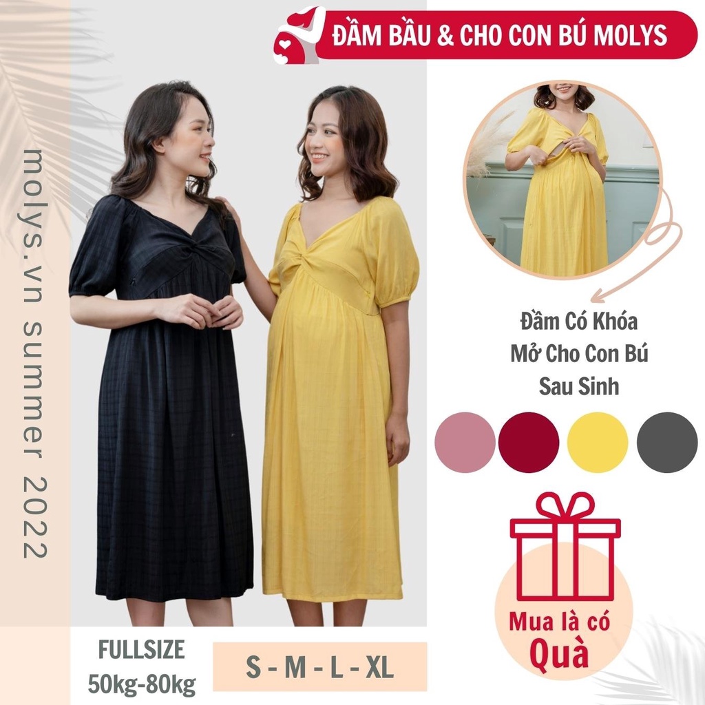 Đầm bầu có khóa cho con bú, vắt sữa sau sinh Molys M217BH vải đũi kẻ ô chìm, xoắn ngực tôn dáng đủ size đến 80kg