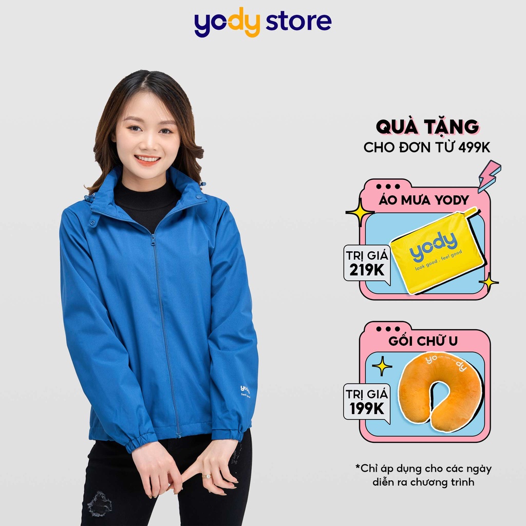 ✔Áo gió nữ YODY hai lớp phối lưng khoác có mũ kéo khóa chống nước AKN4024
