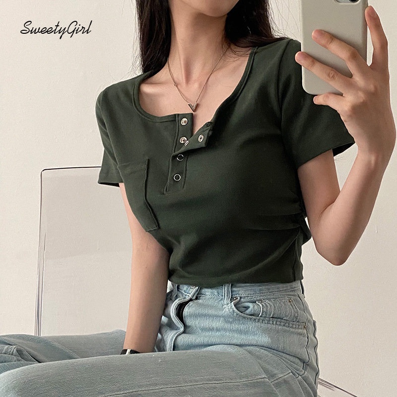 MsMona Áo Thun Tay Ngắn Cổ Tròn Màu Trơn Dáng Ôm Thời Trang 2022 Dành Cho Nữ