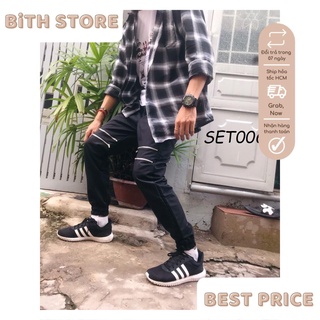 [COMBO SIÊU HỜI] Set đồ thời trang nam đi chơi quần Jogger kaki khóa zip và áo sơ mi caro phong cách
