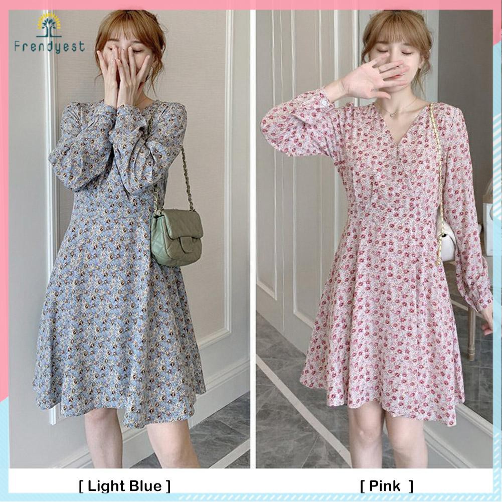 Đầm Nữ Ngắn Tay Cổ Chữ V In Hoa Thời Trang