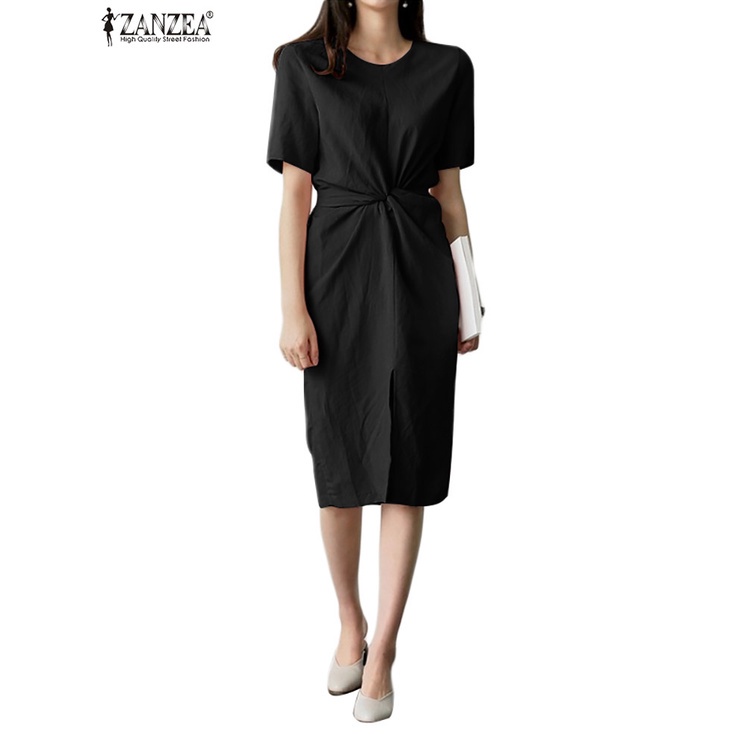 Đầm nữ ZANZEA tay ngắn màu trơn cổ tròn cột dây vừa người