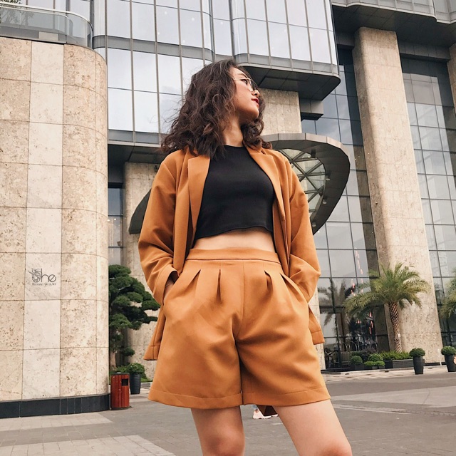 Set áo vest tay dài quần short She, Áo blazer kèm short cá tính đi chơi cho nữ