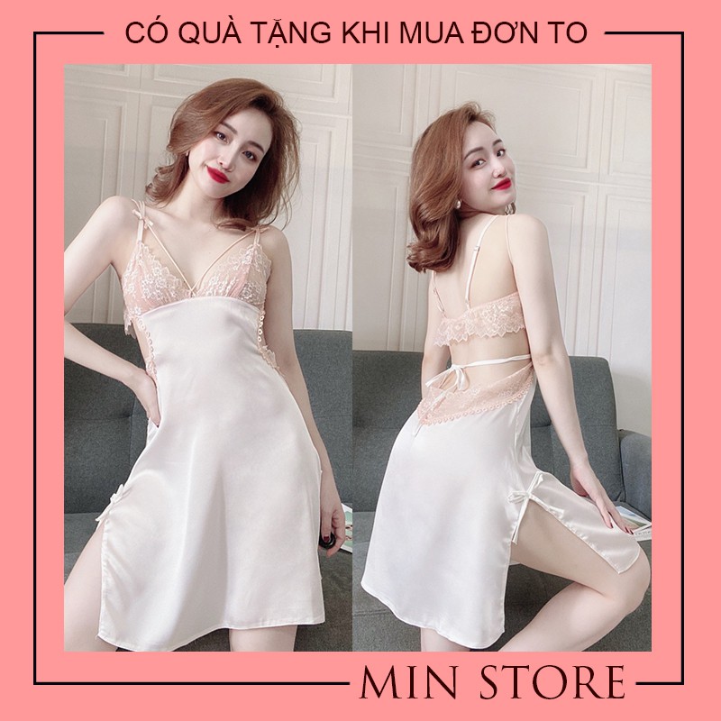 Váy ngủ 2 dây cao cấp lụa satin sexy gợi cảm phối ren khoét sườn V003 | BigBuy360 - bigbuy360.vn