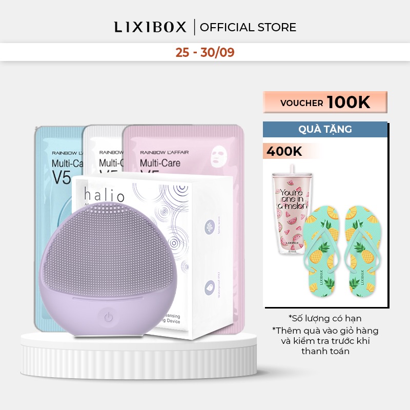 Combo máy rửa mặt da nhạy cảm Halio Sensitive Tím Purple Rain & 3 mặt nạ Lixibox