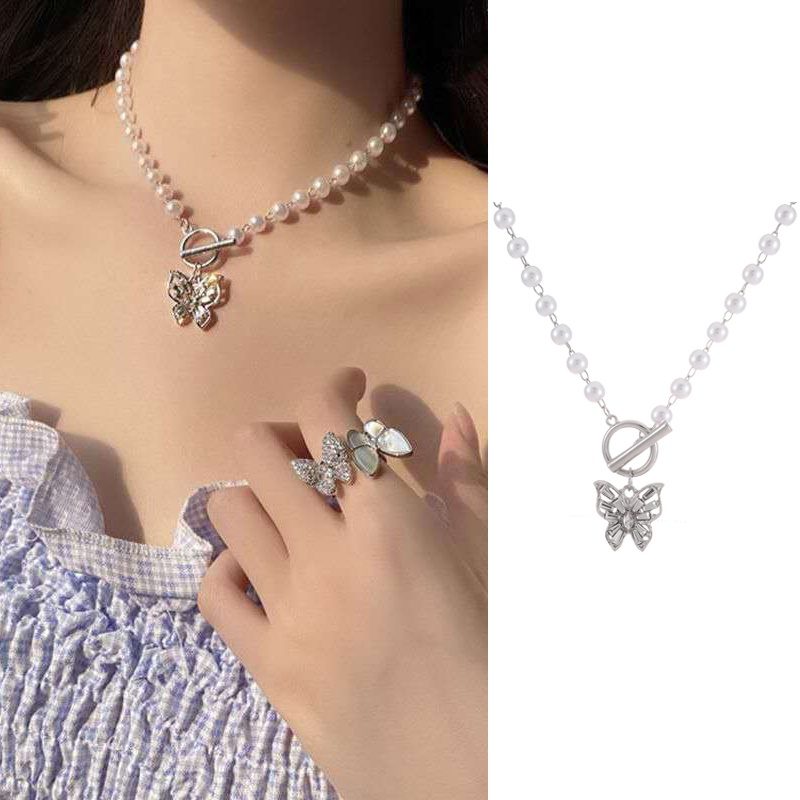 iF YOU Vòng cổ mặt hình bướm đính ngọc trai phong cách Hàn Quốc thời trang cho nữ