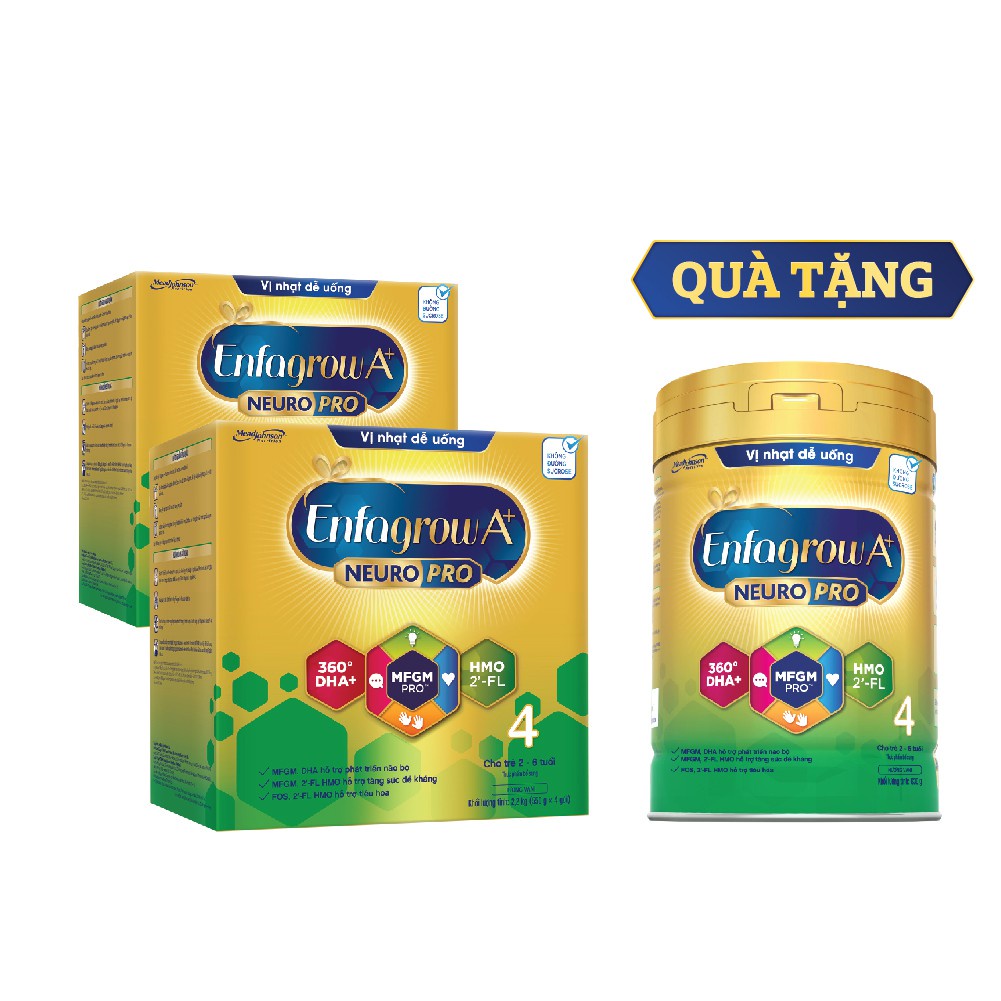 [Tặng 1 lon 830g] Bộ 2 Sữa Bột Enfagrow A+ Neuropro 4 - FL HMO Vị Nhạt Dễ Uống -2.2kg/hộp