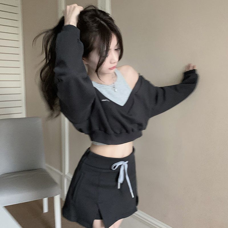 COZOK Set Áo Thun Tay Dài Trễ Vai + Chân Váy Lưng Cao Thời Trang Nữ