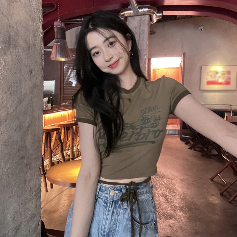 Áo Thun Crop Top Tay Ngắn Cổ Tròn In Chữ Phong Cách Hàn Quốc Thời Trang Cho Nữ