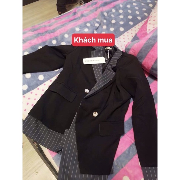 Áo khoác blazer nữ cá tính thiết kế Quảng Châu - Áo blazer đen kẻ thời trang